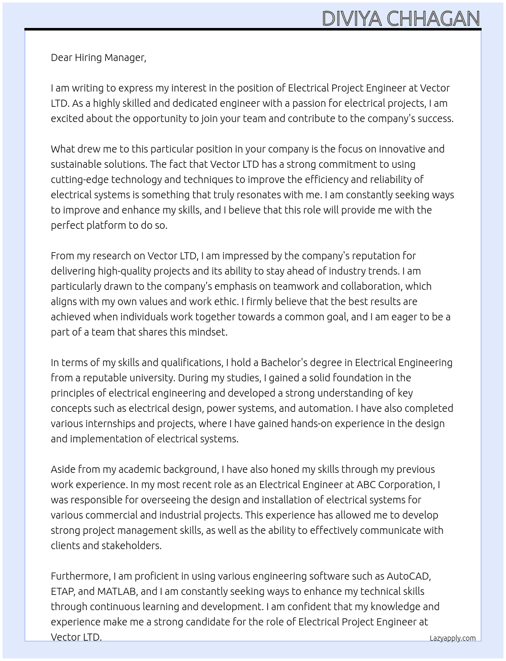 Electrical Project Engineer At Vector LTD Cover Letter