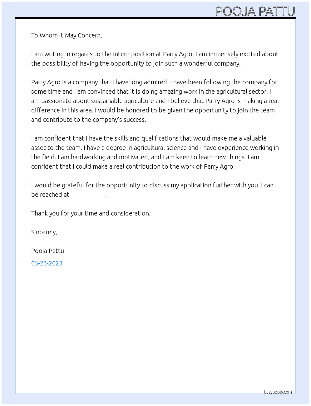 intern At parry agro  Cover Letter