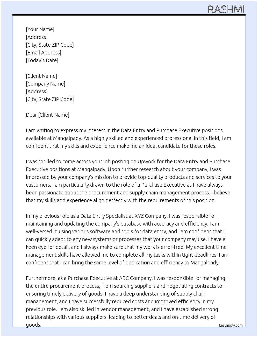Cover letter for data enntry,purchase executive - LazyApply