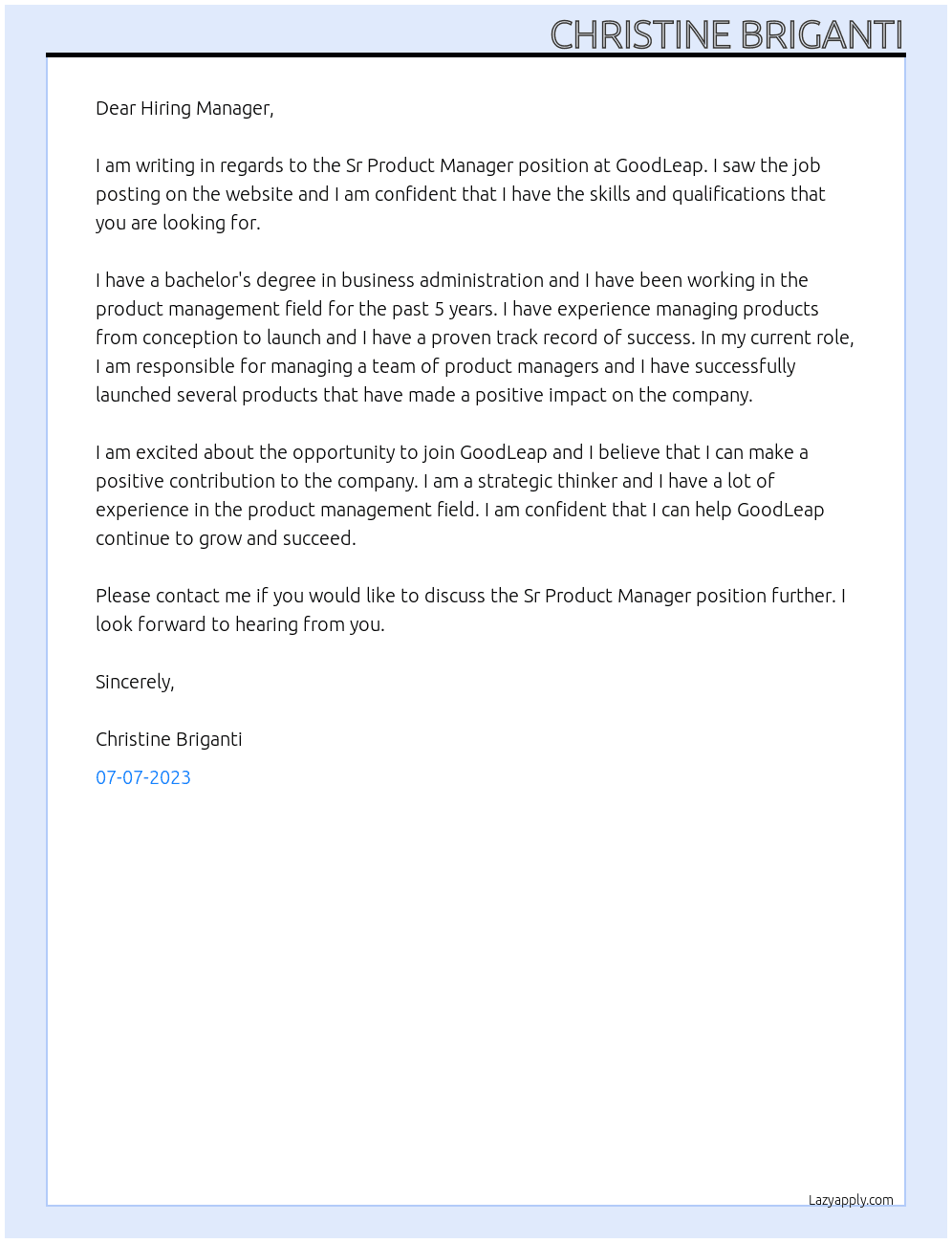 Sr Product Manager At GoodLeap Cover Letter