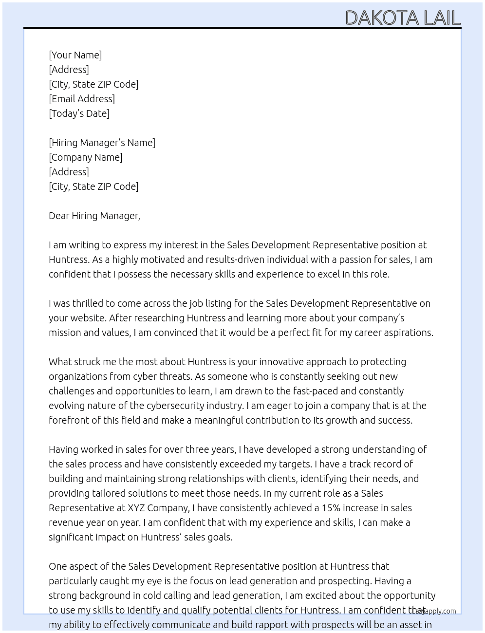 Sales Development Representative At Huntress Cover Letter