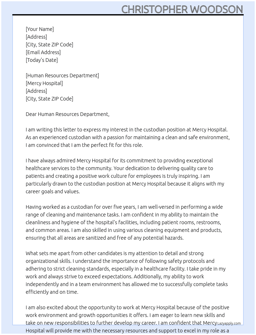 custodian At Mercy Hospital Cover Letter
