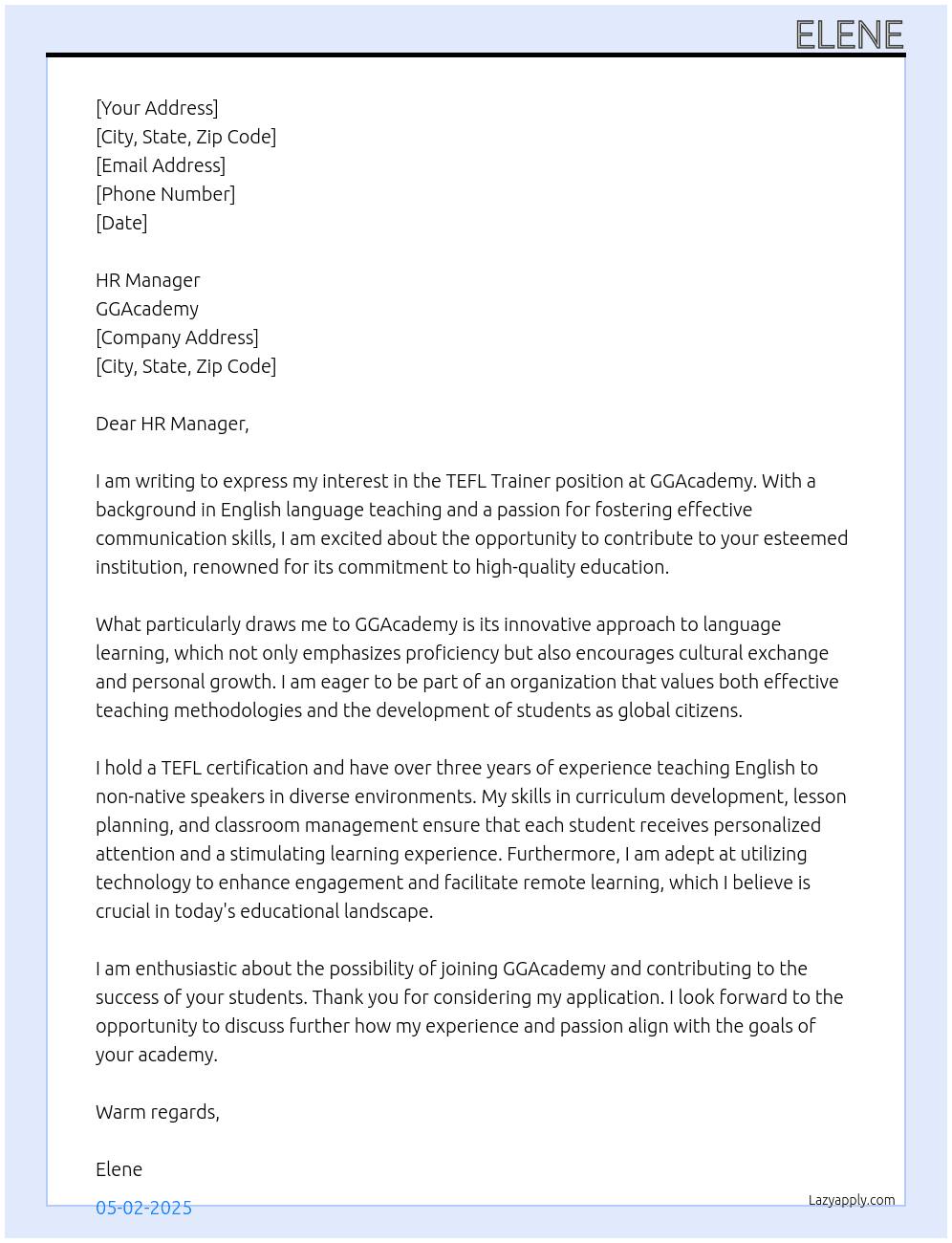 TEFL trainer At GGAcademy Cover Letter