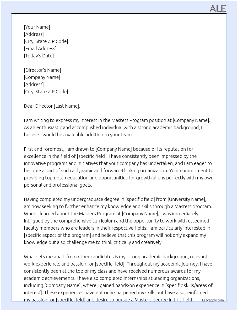 masters program At masters degree Cover Letter