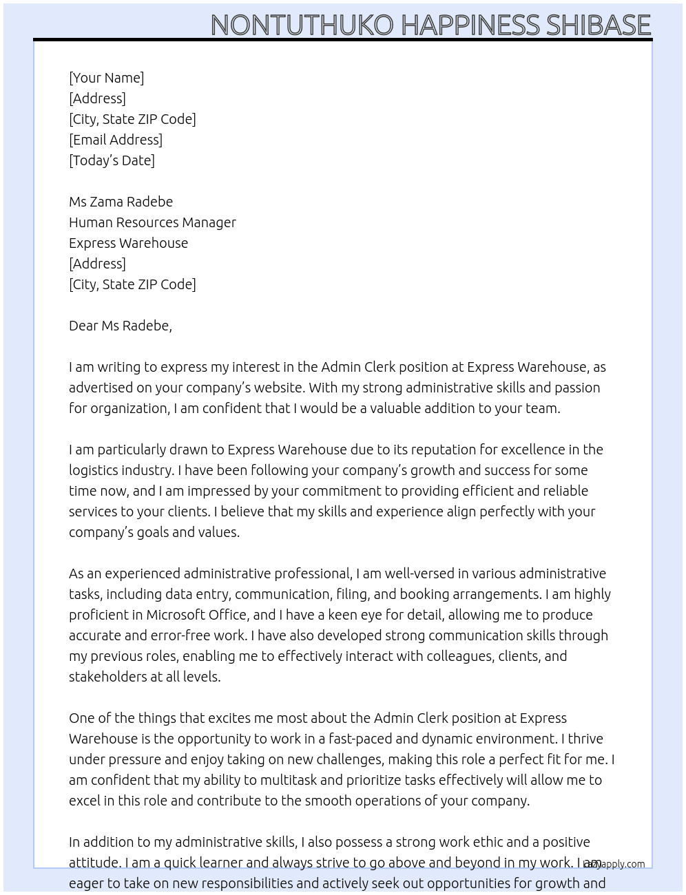 Admin Clerk At Express warehouse Cover Letter