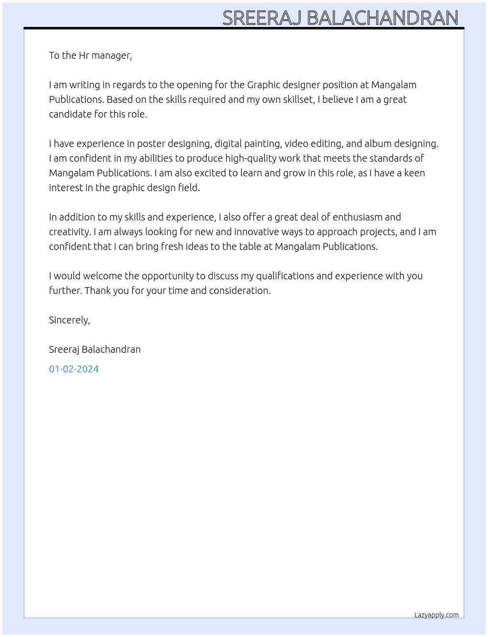 Graphic designer At Mangalam Publications Cover Letter