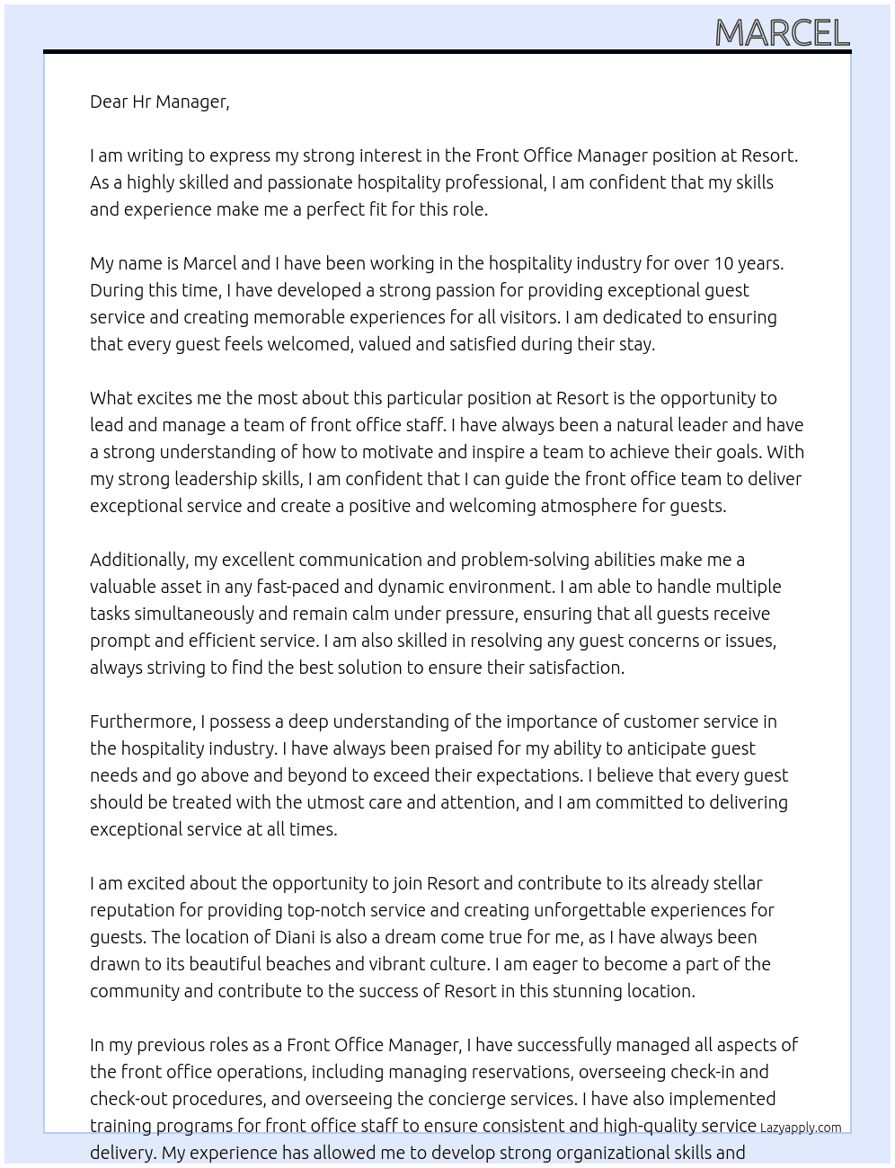 Front office Manager  At Resort  Cover Letter