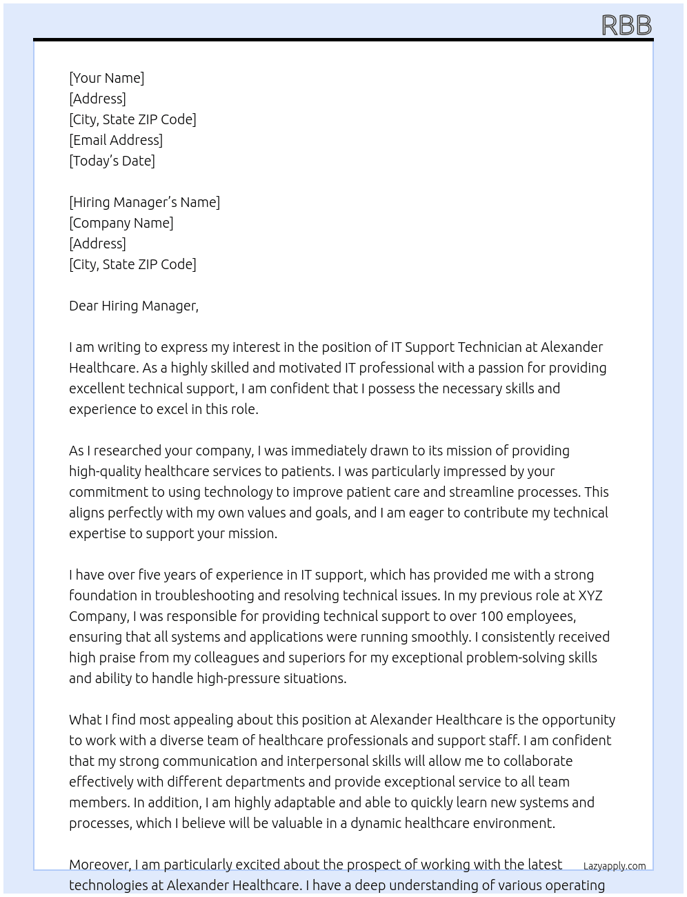 IT Support TEchnician At Alexander healthcare Cover Letter