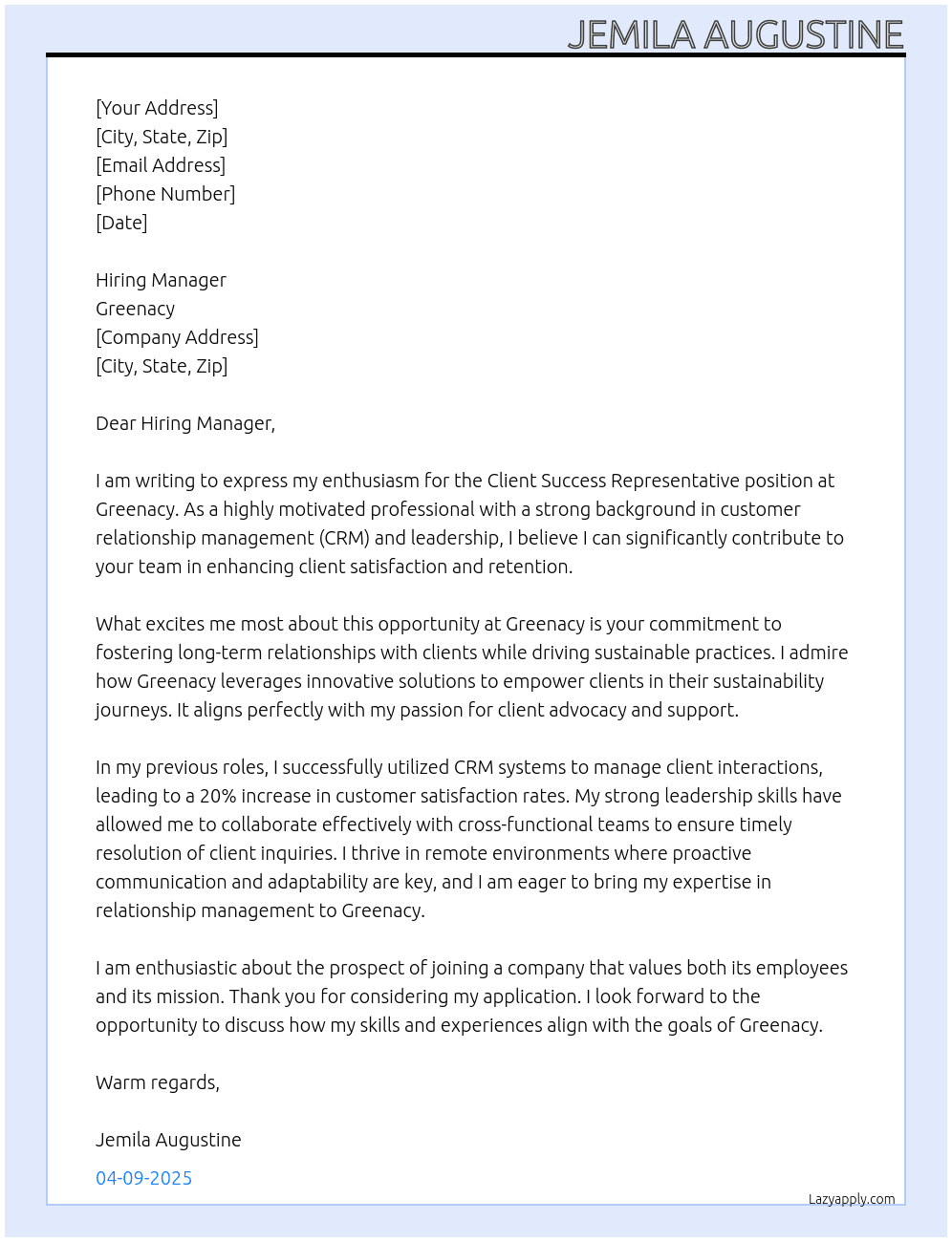 Client success representative  At Greenacy Cover Letter