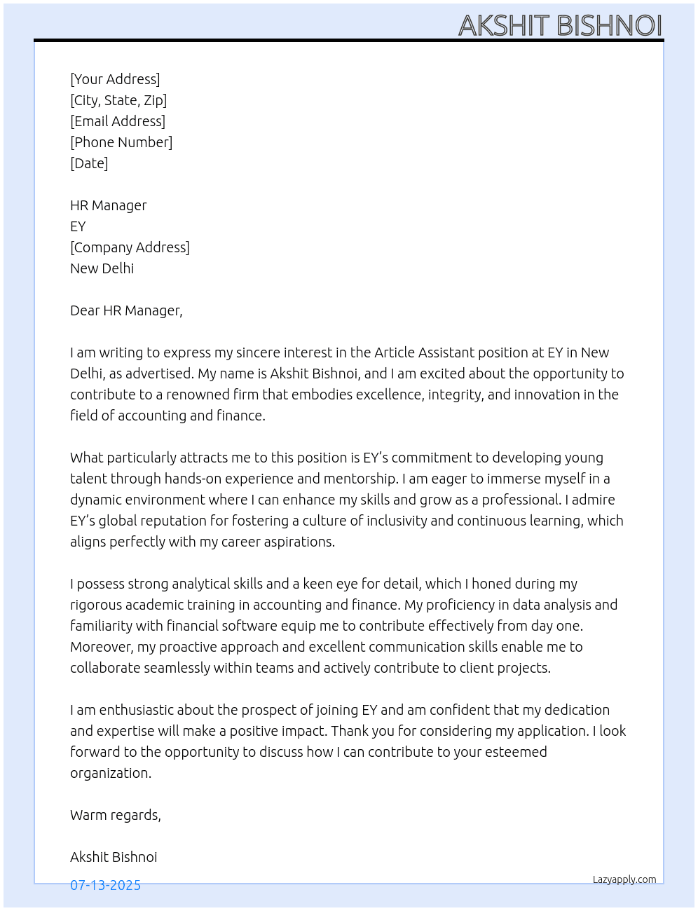 Article assistant  At EY  Cover Letter