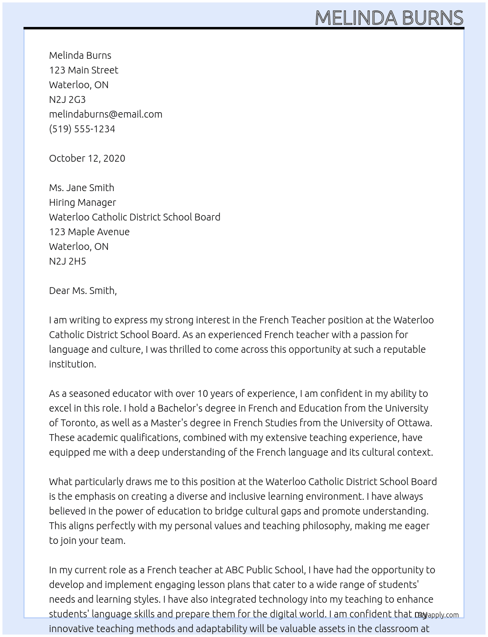 french teacher At Waterloo Catholic District School Board Cover Letter