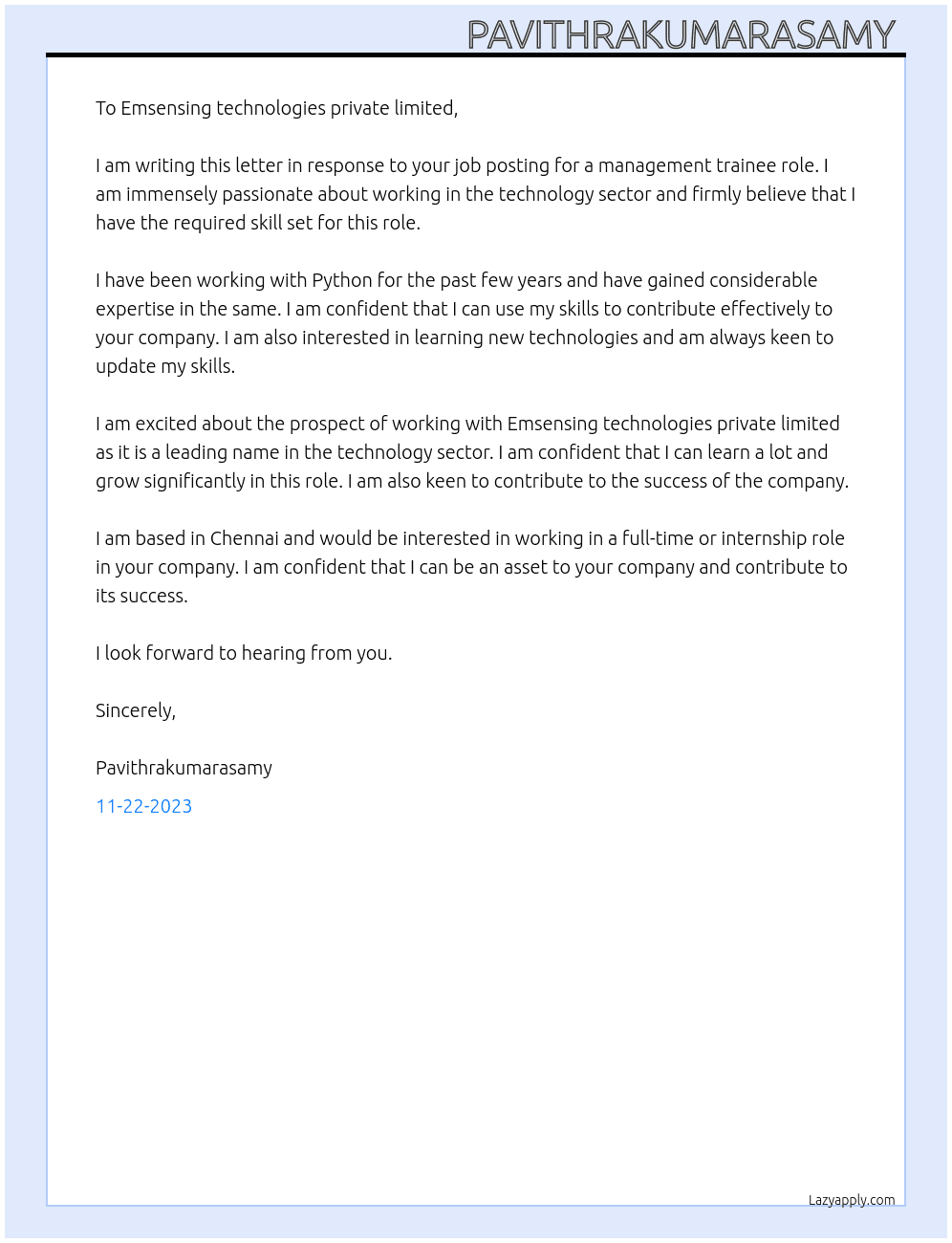 Managment trainee At Emsensing technologies private limited Cover Letter