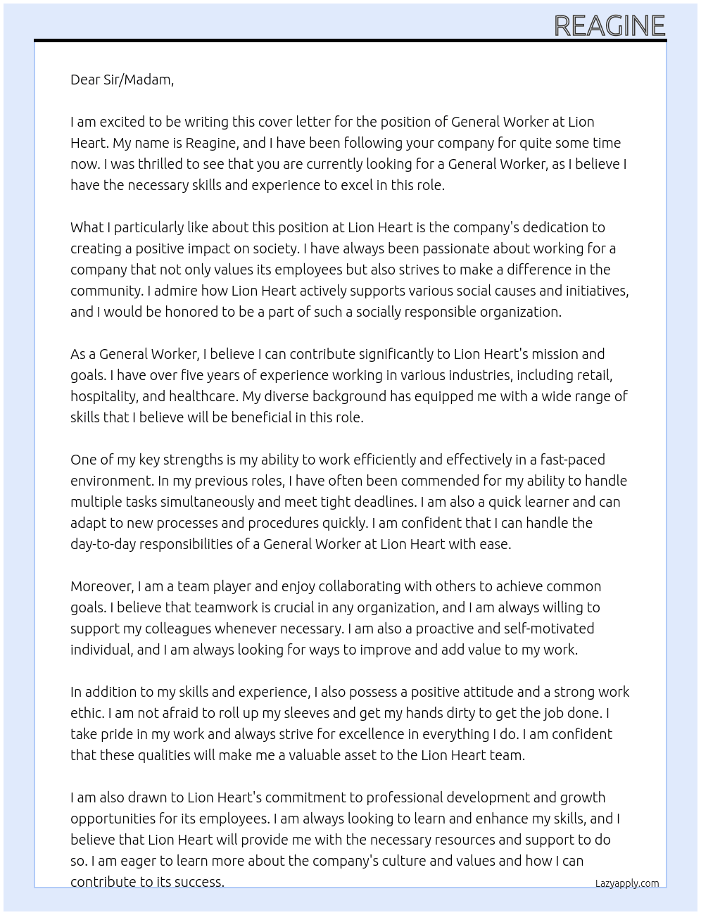 general worker At Lion heart Cover Letter