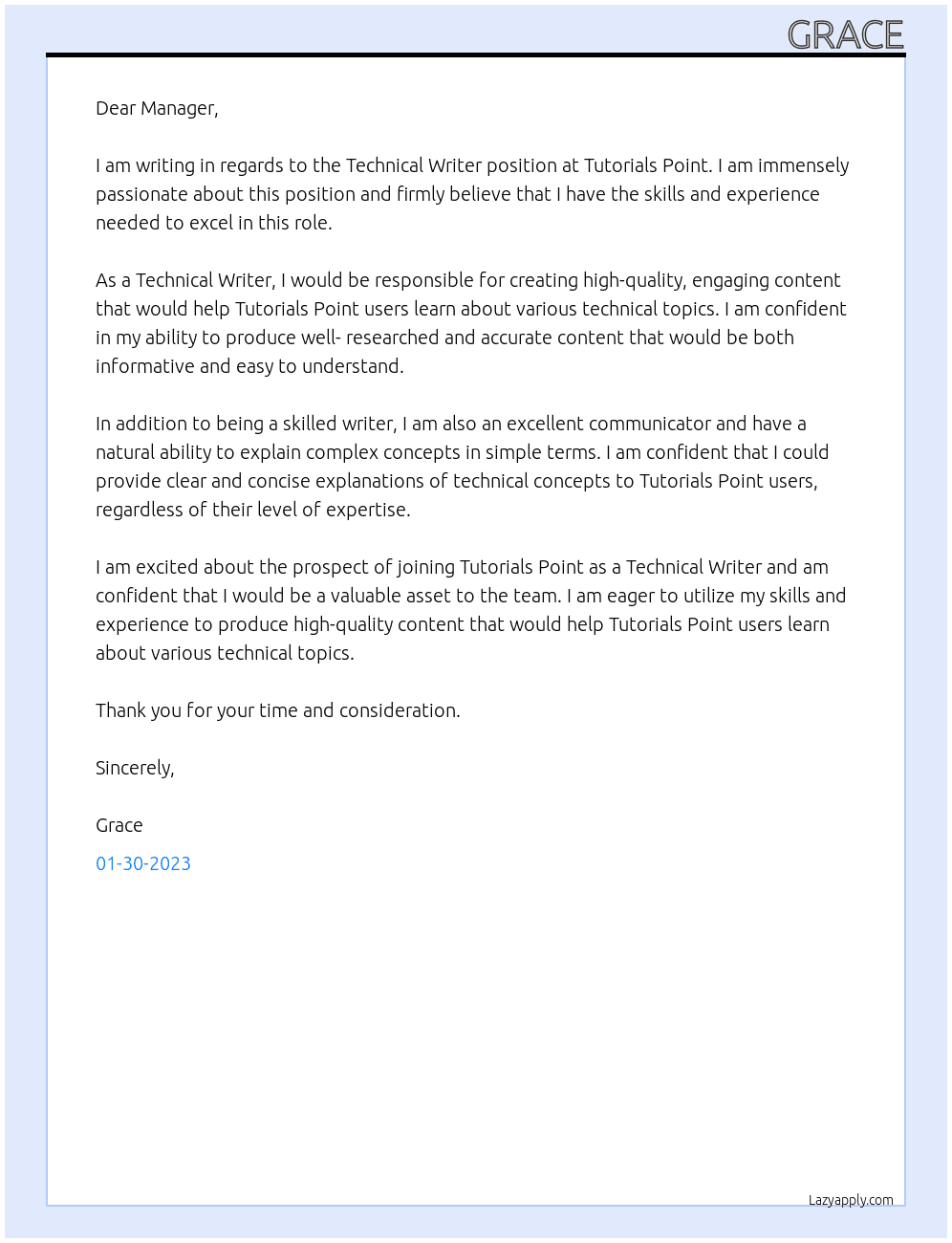 Technical Writer At Tutorials point Cover Letter