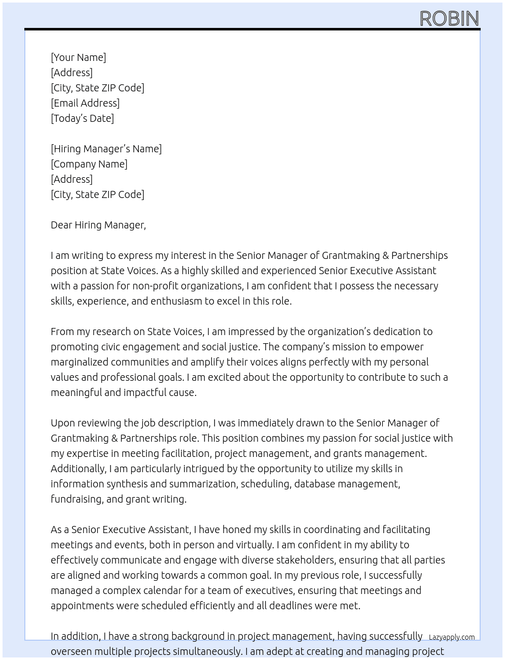 Cover letter for senior manager of grantmaking & partnerships - LazyApply