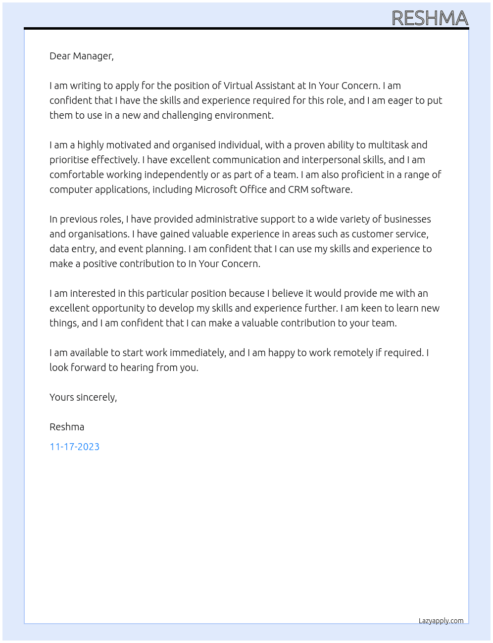 Virtual assistant  At In your concern  Cover Letter