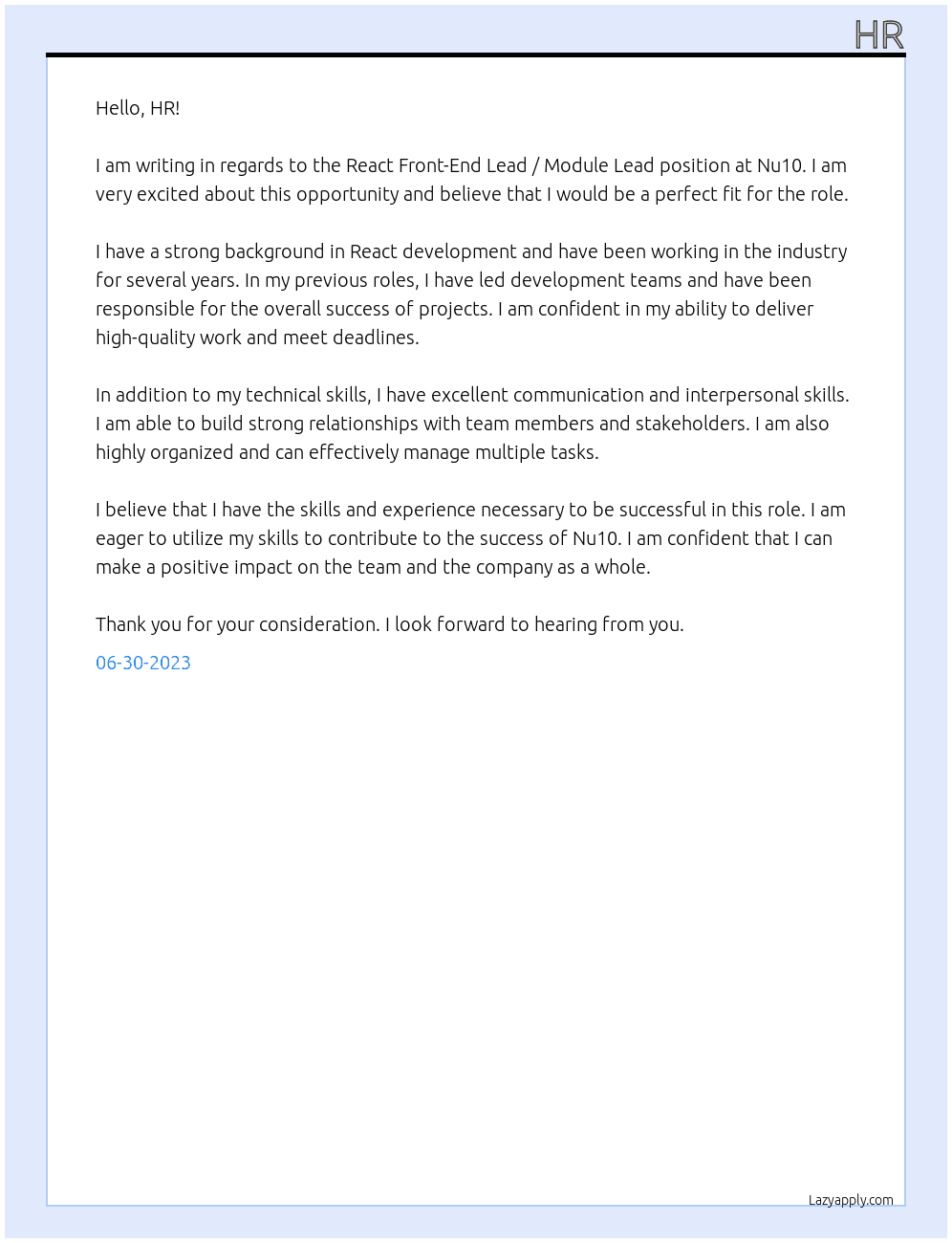React Front-End Lead / Module Lead At Nu10 Cover Letter