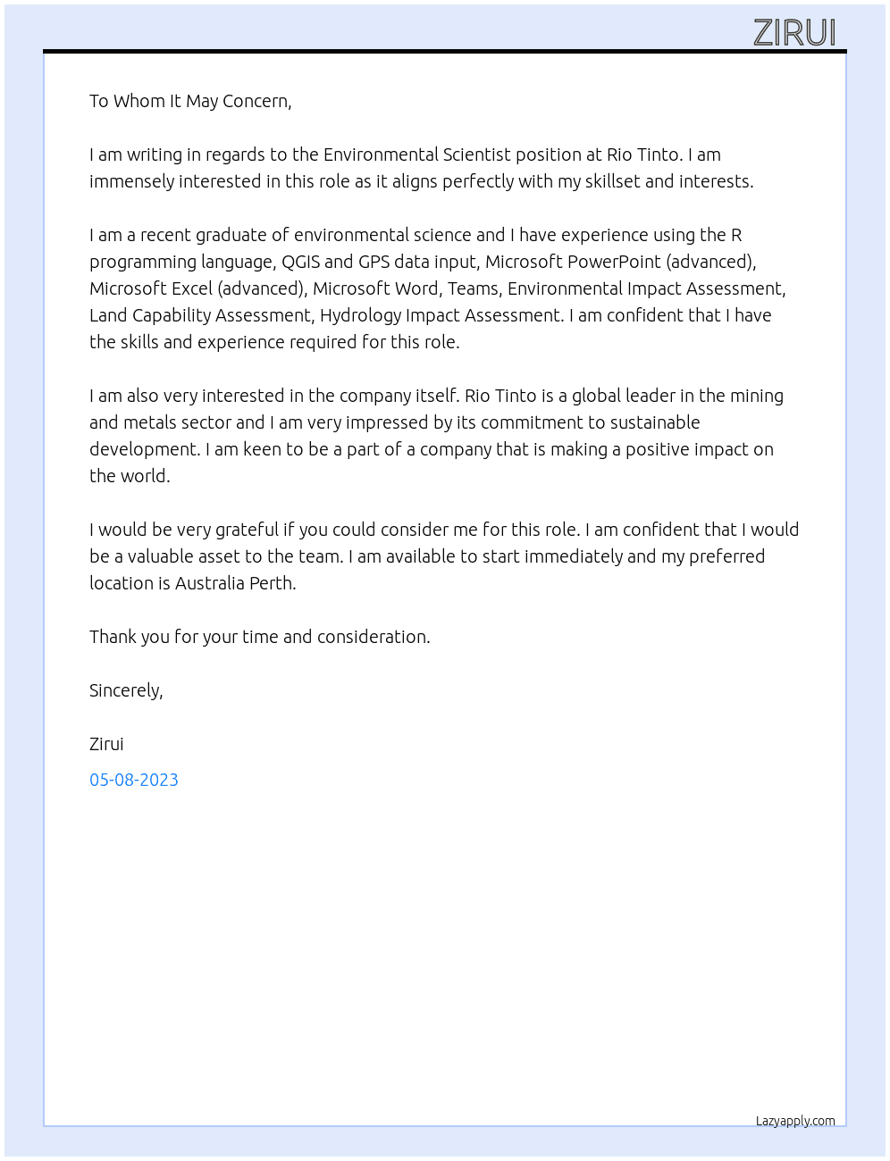 Environmental Scientist   At Rio Tinto  Cover Letter