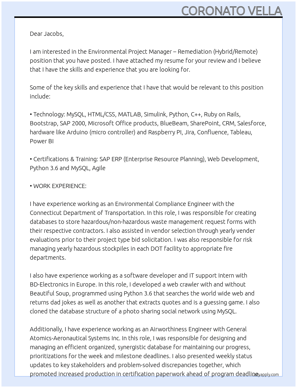 Environmental Project Manager – Remediation (Hybrid/Remote) At Jacobs Cover Letter