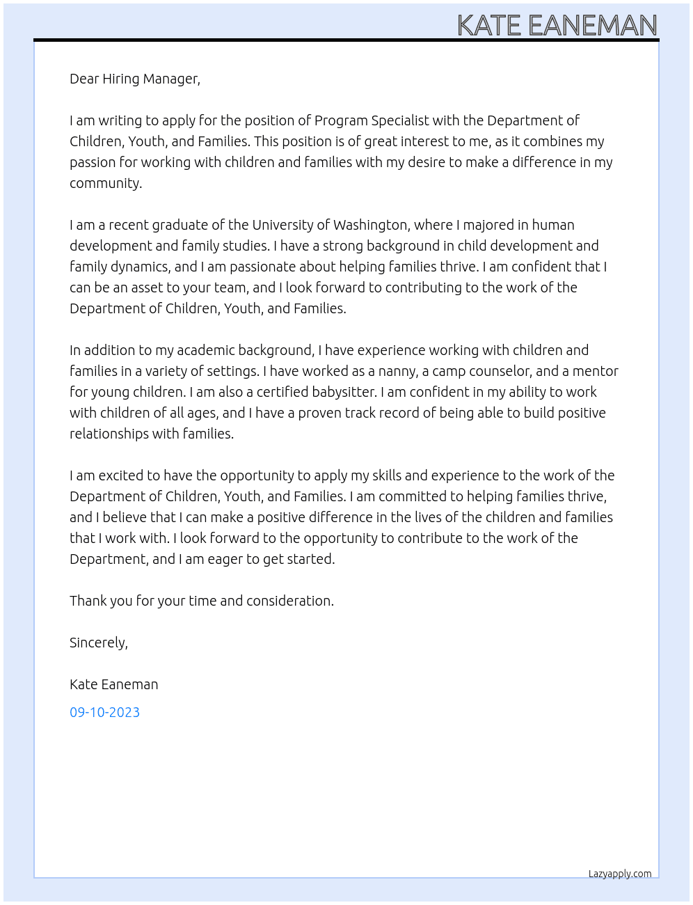 Program Specialist At Department of Children, Youth, and Families Cover Letter