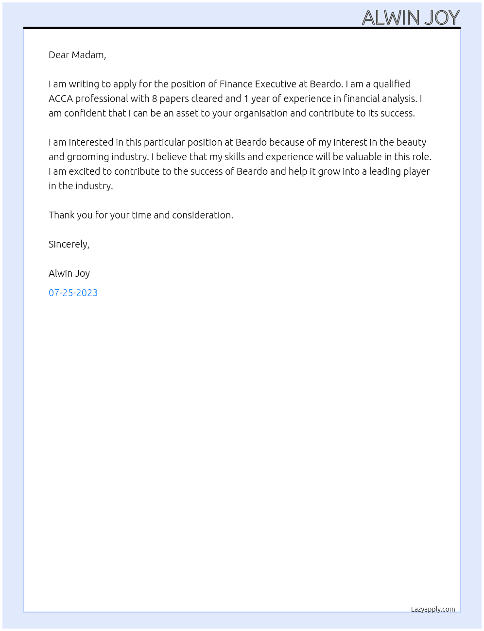 Finance Executive At Beardo Cover Letter