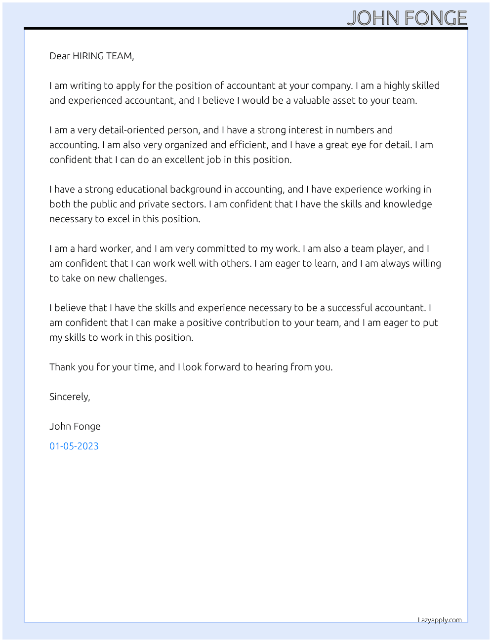 ACCOUNTANT At HUMAN RESOURCE MANAGER Cover Letter