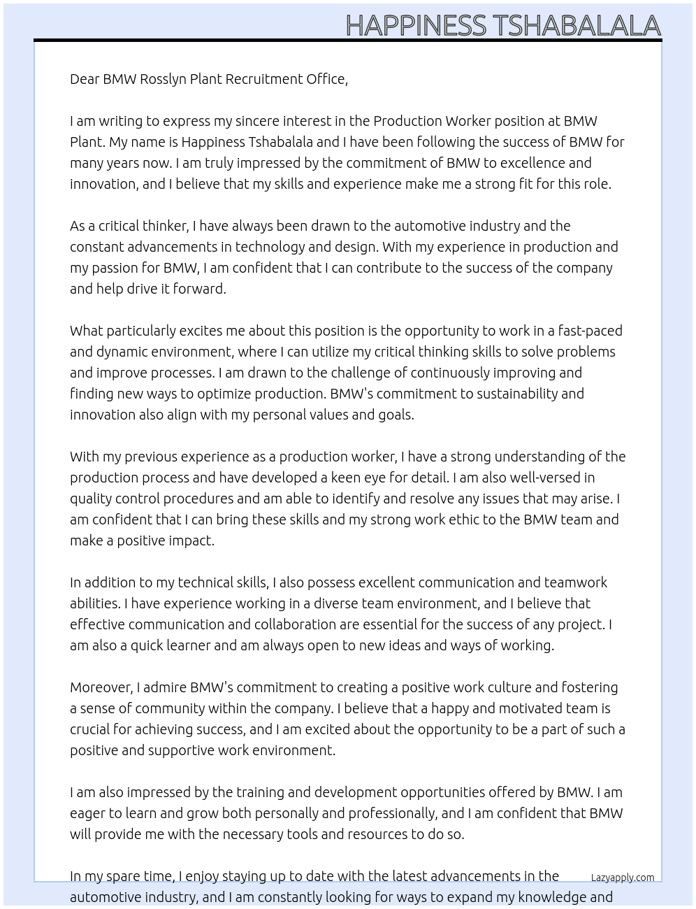 Production Worker At BMW Plant   Cover Letter