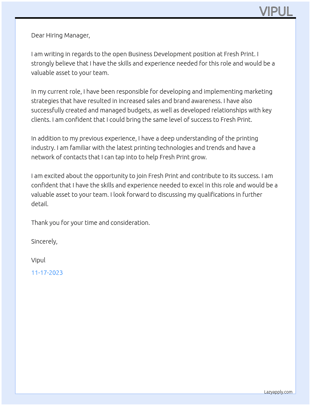 Bussiness Development  At Fresh print  Cover Letter