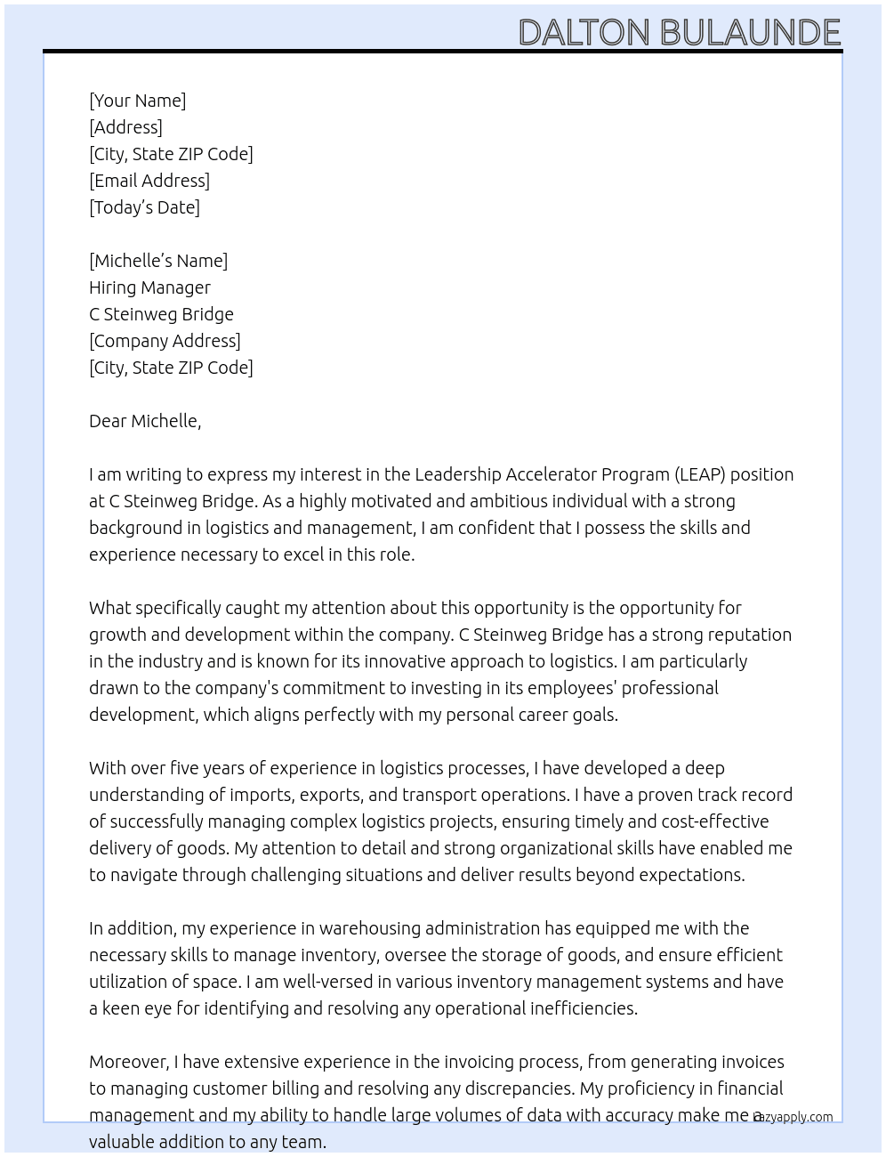 Leadership Accelerator Program (LEAP) At C Steinweg Bridge  Cover Letter