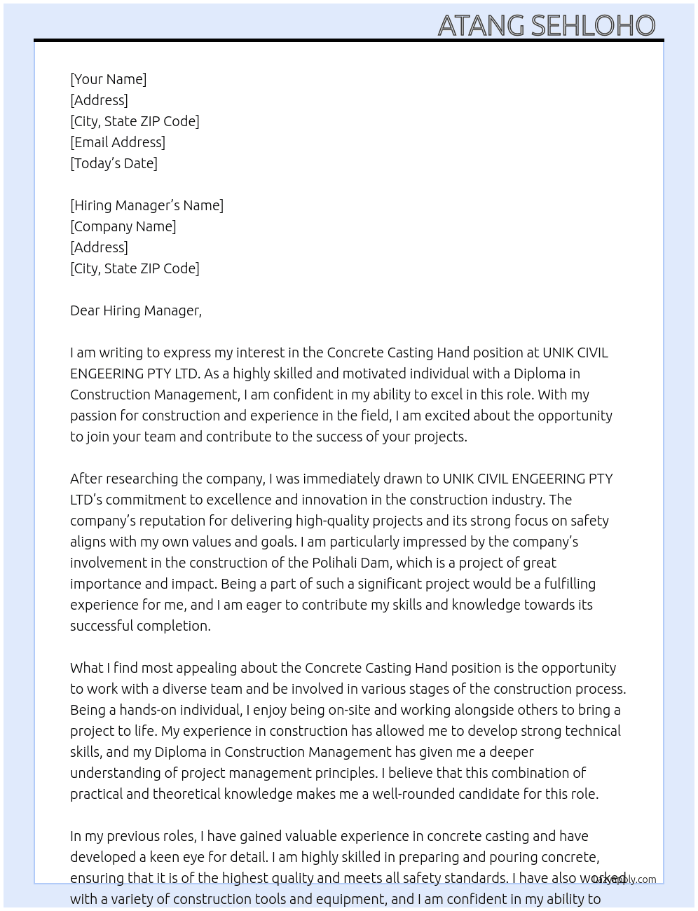 Concrete casting hand At UNIK CIVIL ENGEERING PTY LTD Cover Letter