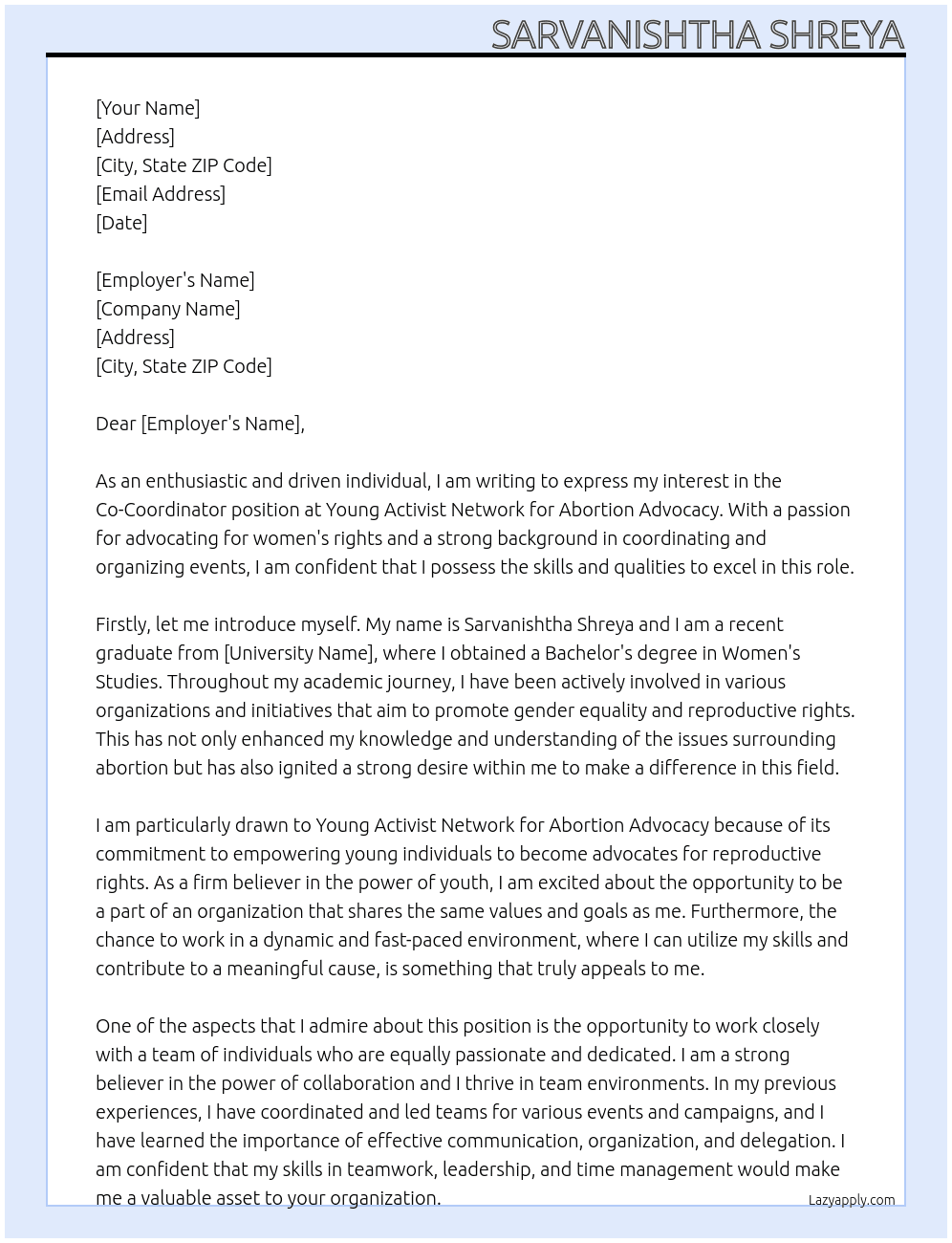 co coordinator  At young activist network for abortion advocacy Cover Letter
