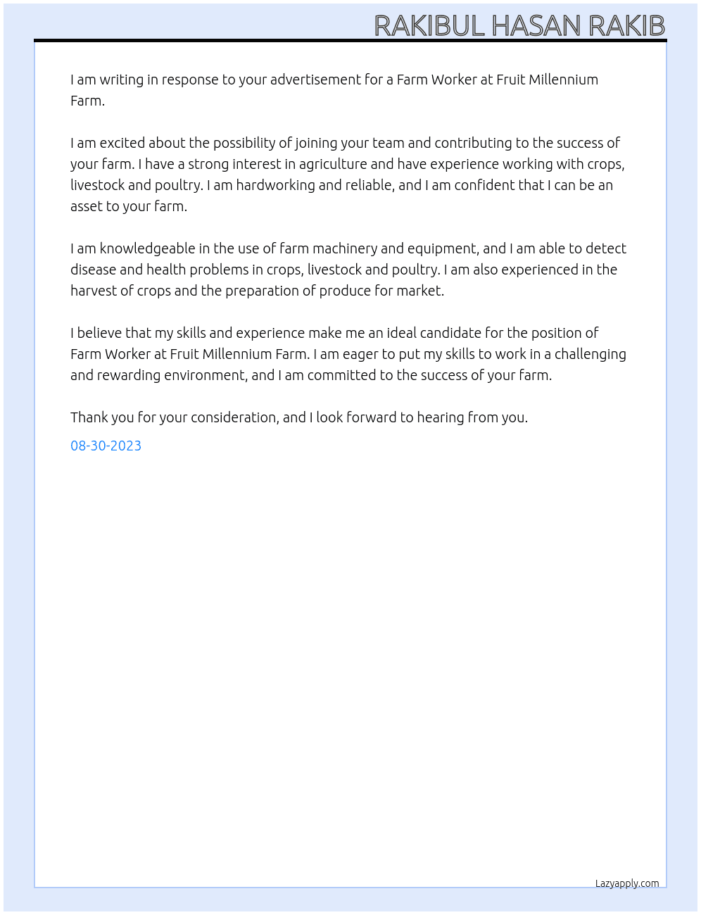Millennium Farm At FARM WORKER, FRUIT Cover Letter