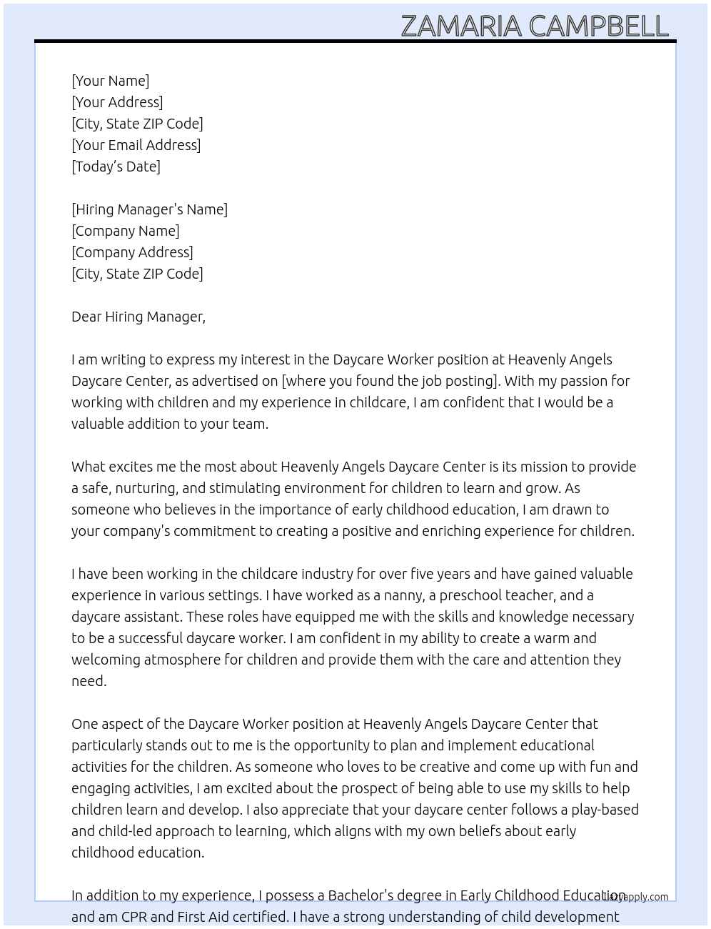 Daycare worker At Heavenly Angels Daycare Center Cover Letter