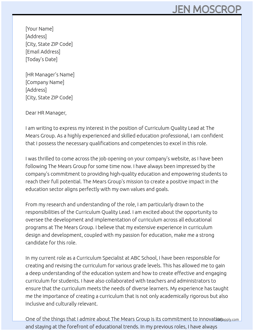 Curriculum Quality lead At The Mears Group Cover Letter