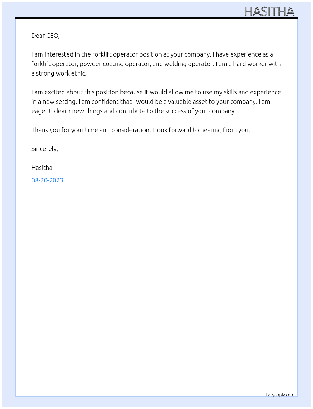 forklift operator At your Cover Letter