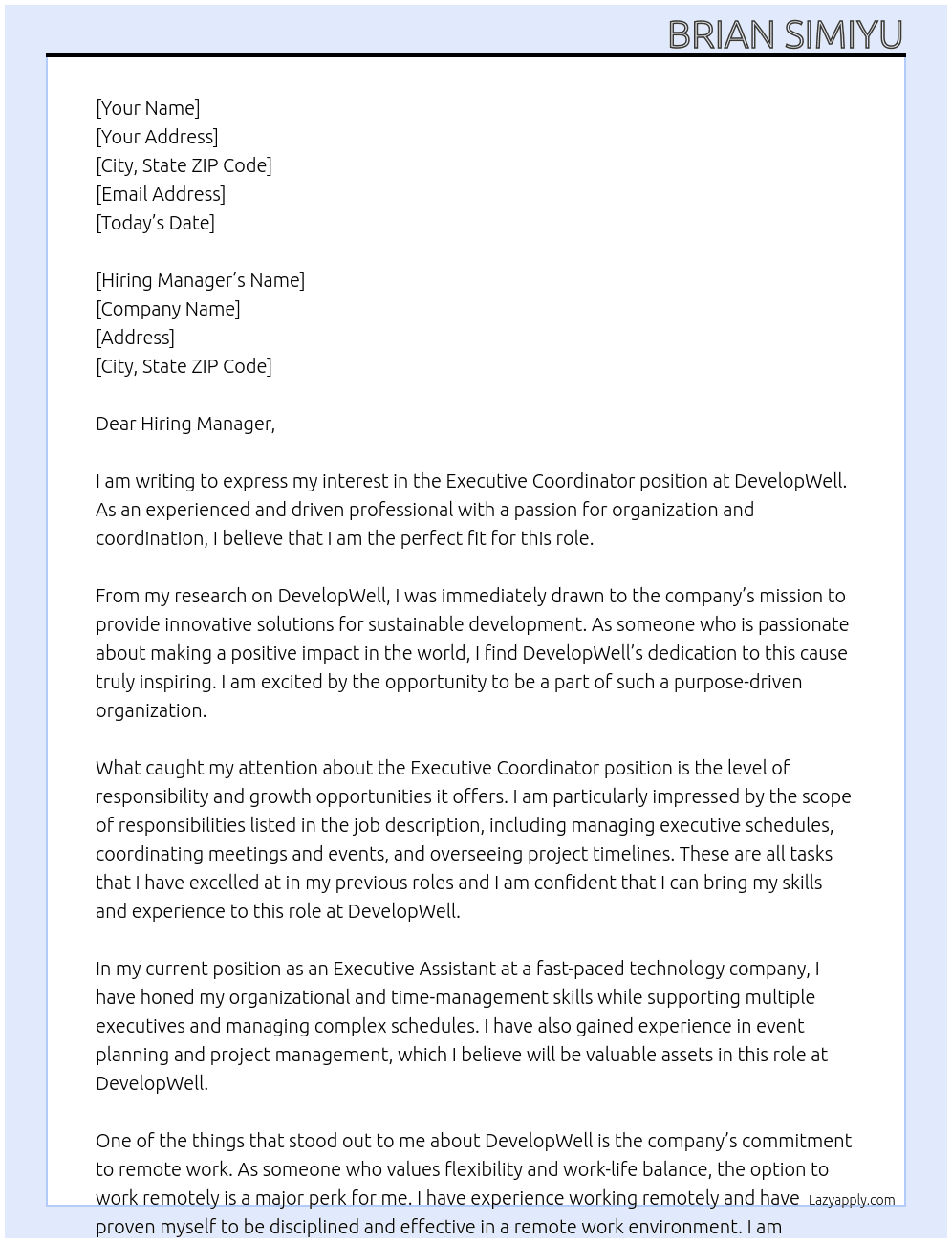 Executive Coordinator At DevelopWell Cover Letter