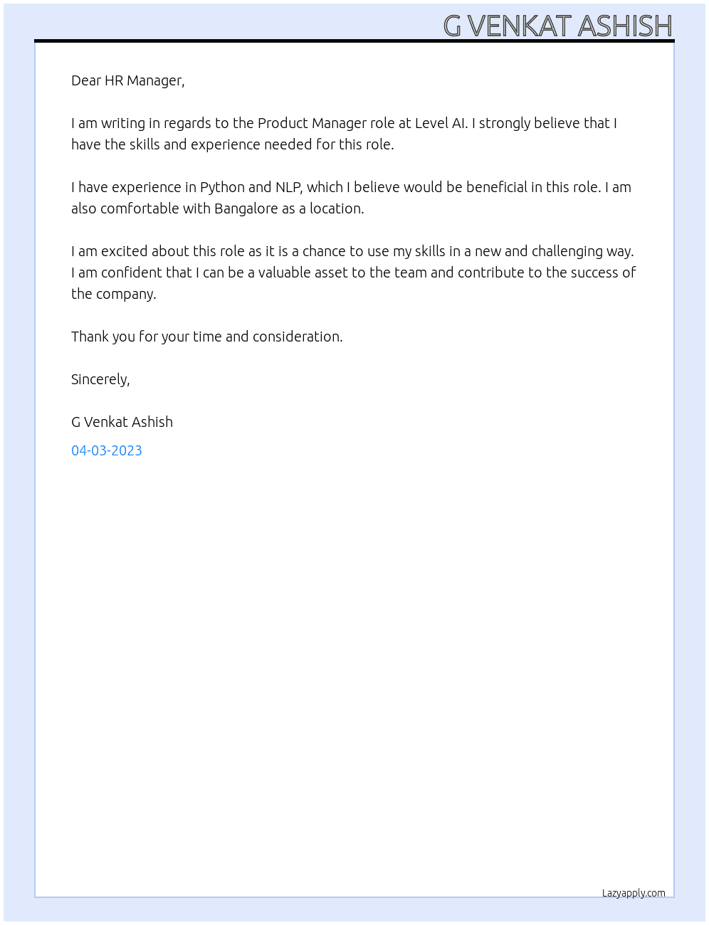 Product Manager At Level AI Cover Letter