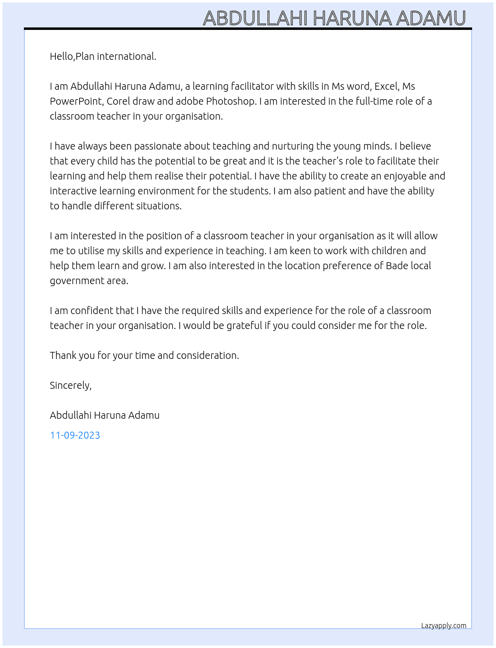 Classroom Teacher  At Learning facilitator  Cover Letter