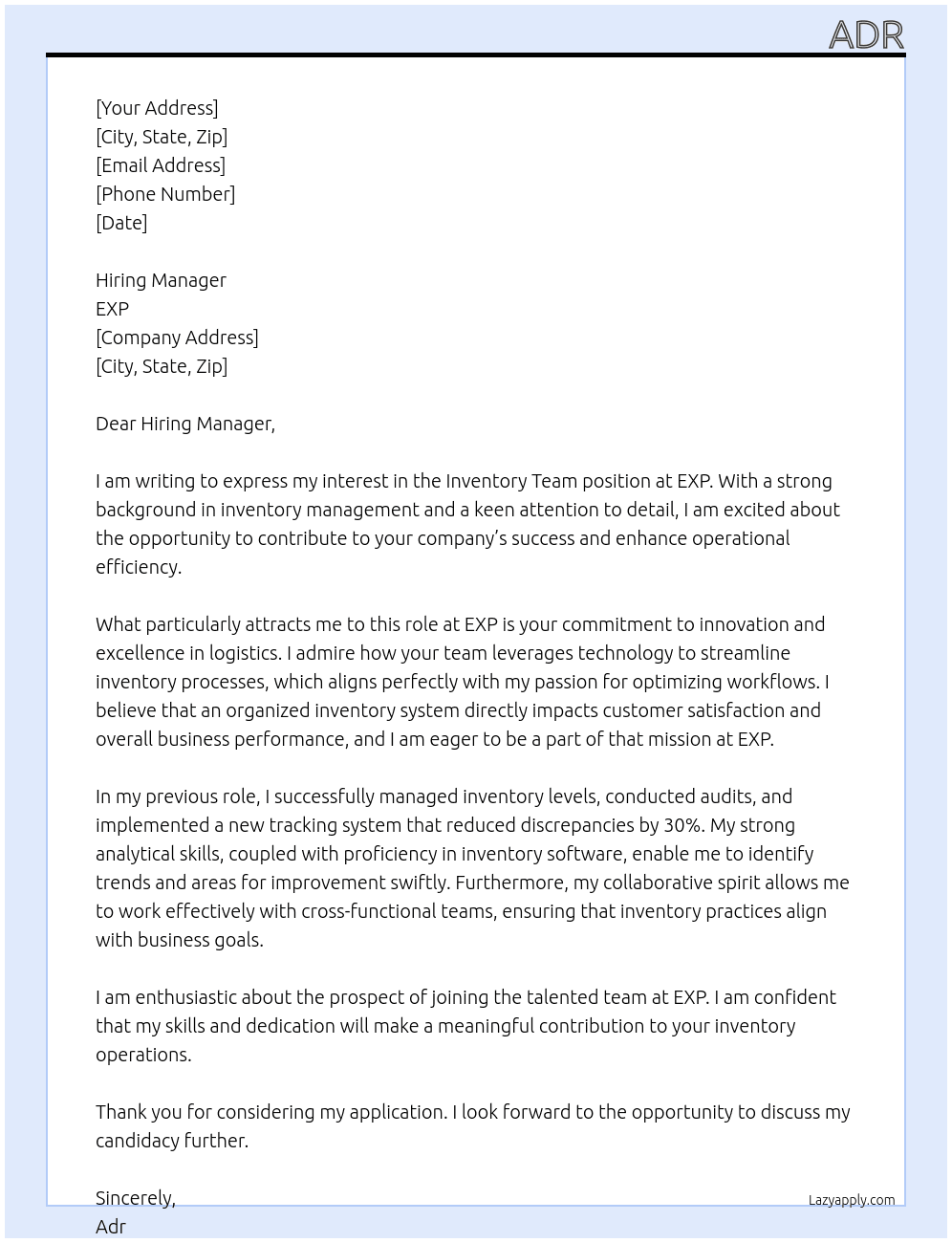 inventory team At exp Cover Letter