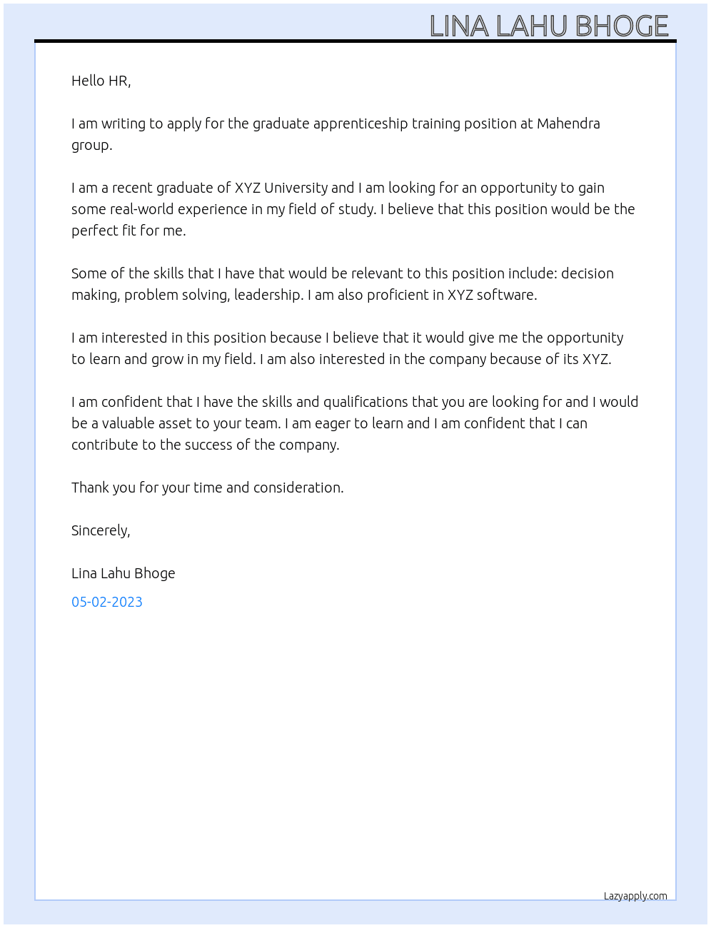 Graduate apprenticeship training  At Mahendra group  Cover Letter