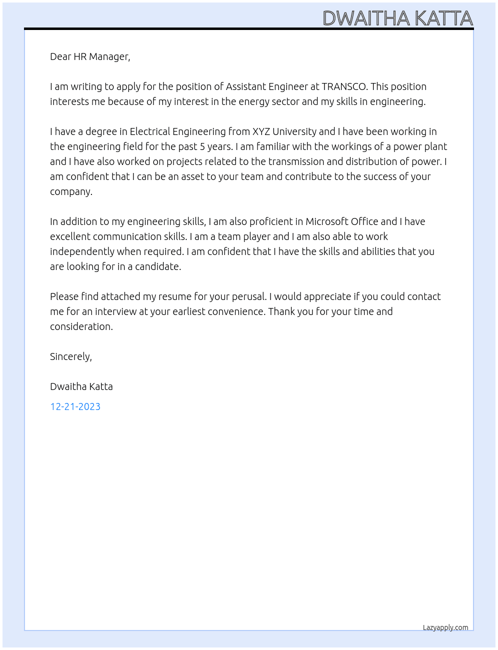 Assistant engineer  At TRANSCO Cover Letter