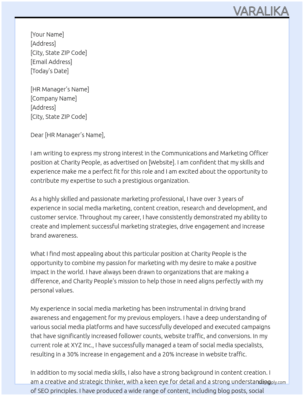 Communications and Marketing Officer  At  Charity People Cover Letter