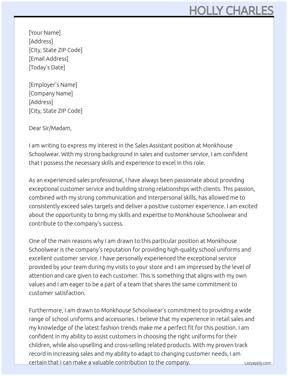 sales assistant At monkhouse schoolwear Cover Letter