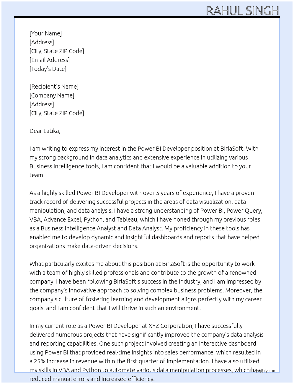 Power BI Developer At BirlaSoft Cover Letter