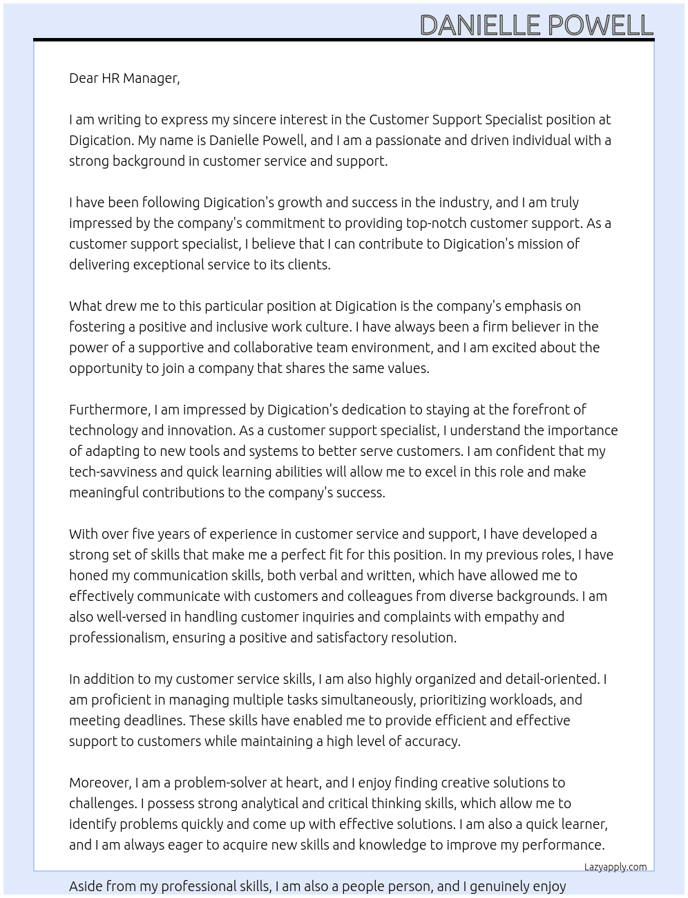 Customer Support Specialist At Digication Cover Letter