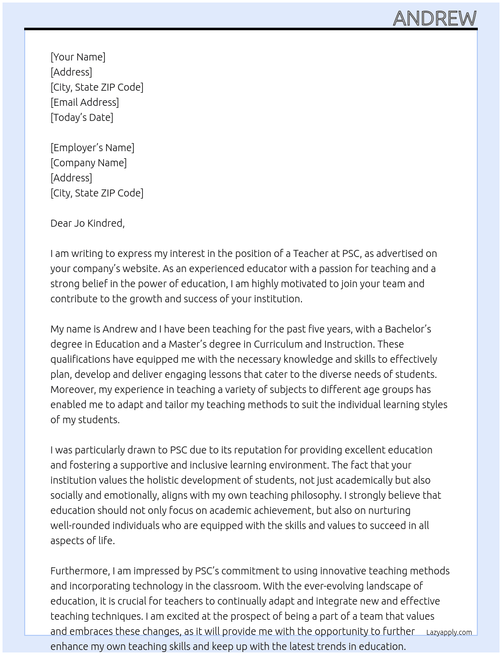 teacher At PSC Cover Letter