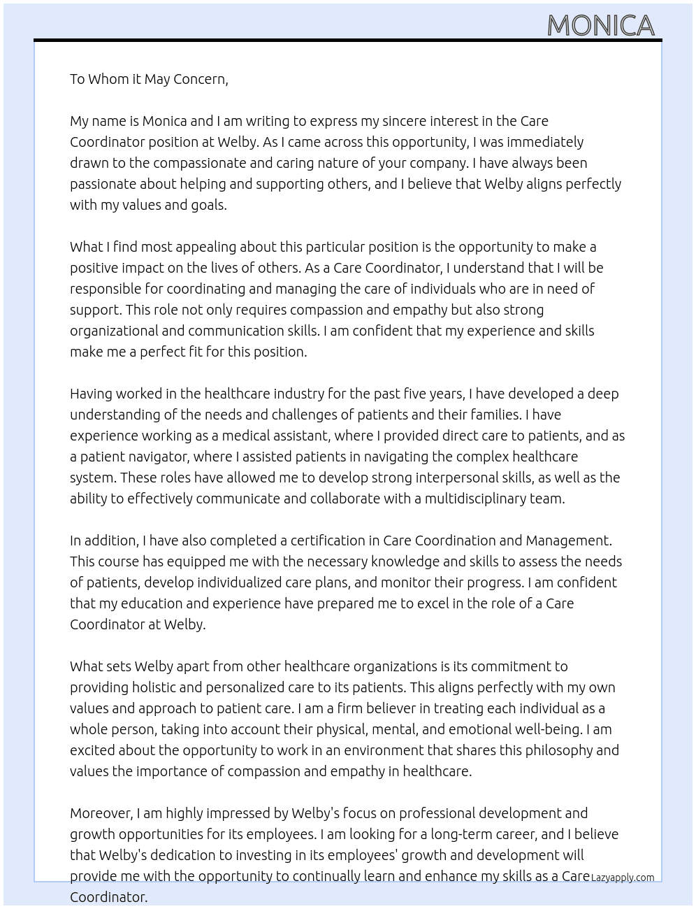 care coordinator  At Welby Cover Letter