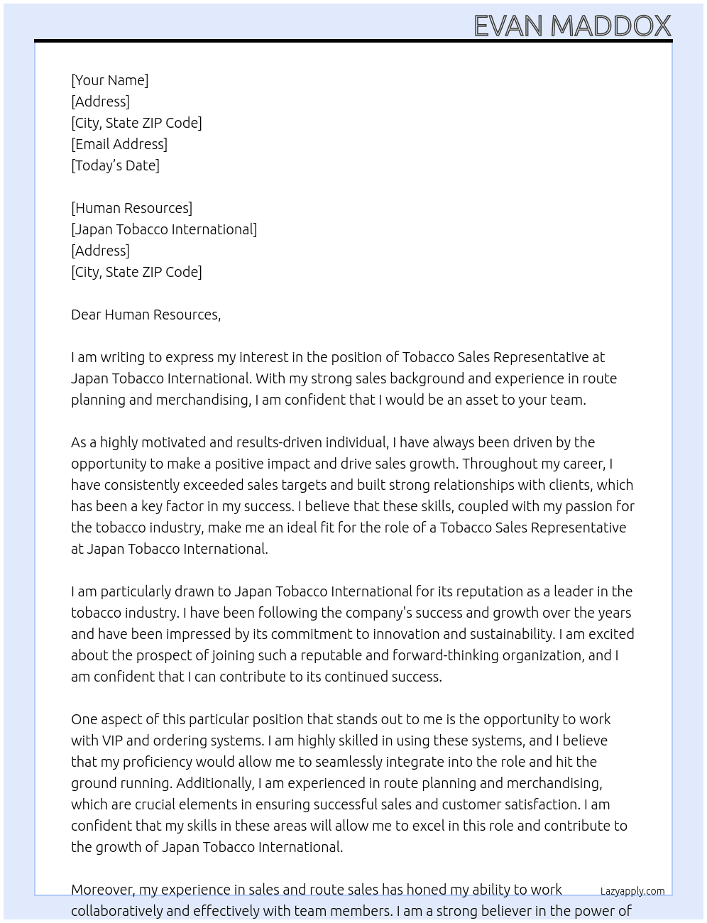 Tobacco sales rep At Japan Tobacco International  Cover Letter