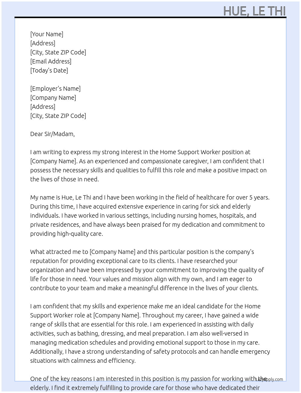 home support worker At 10148665 Cover Letter