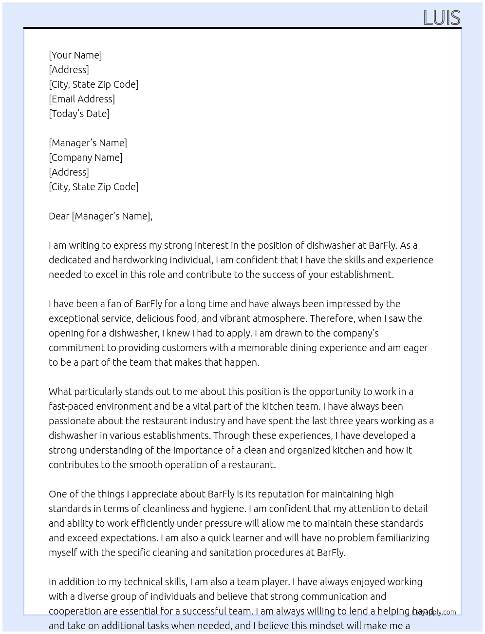 dishwasher  At BarFly  Cover Letter